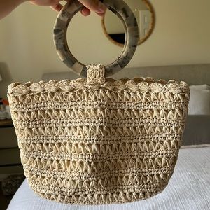 Cleobella Tan Woven Clutch with Marble Handle